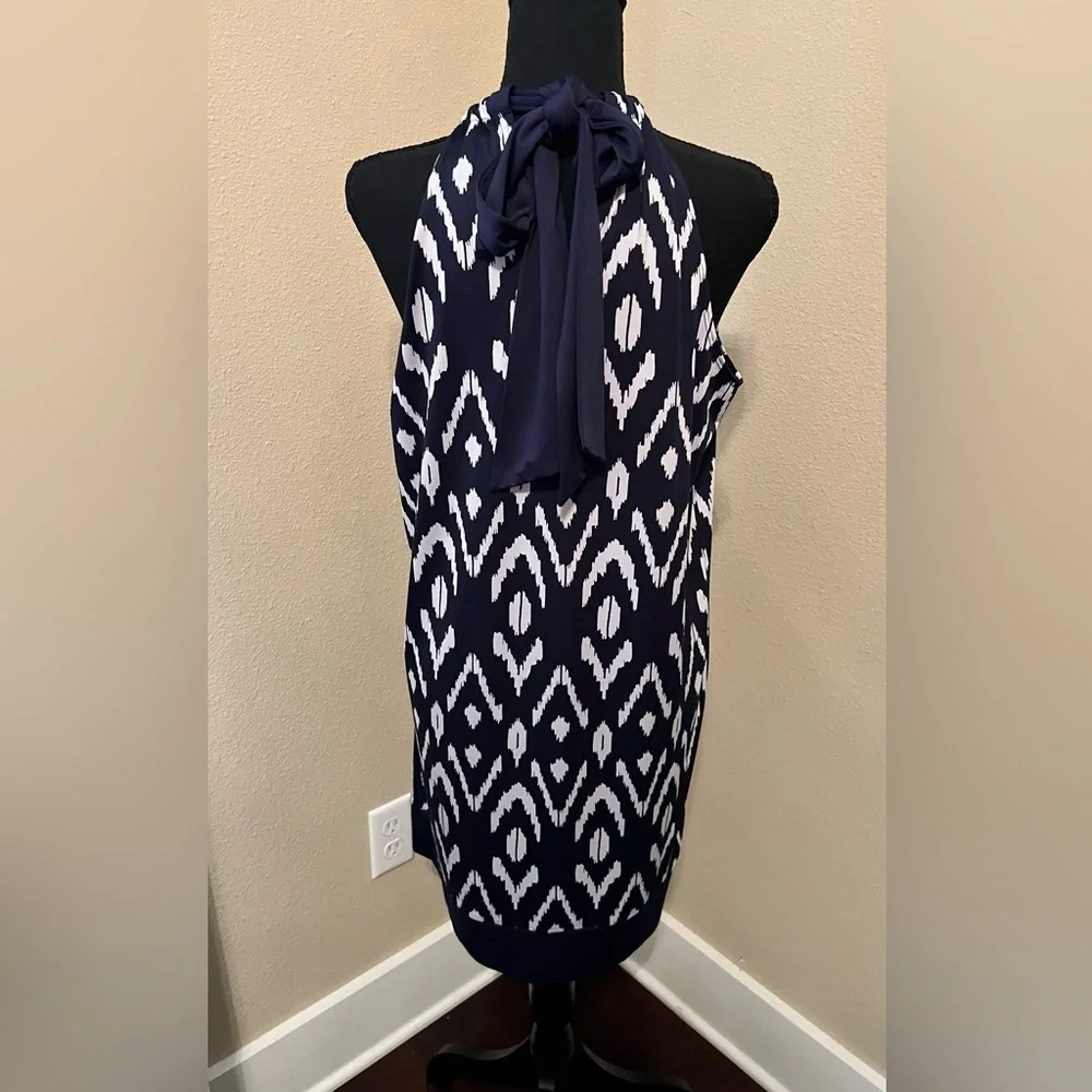 Mud Pie Blue White Halter Dress Bow Tie Back Sheath Mini Dress Size M